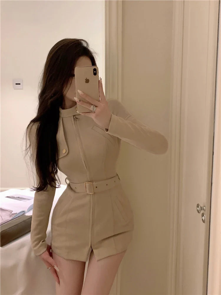 lovwvol Autumn French Vintage Dress Coats Women Casual Bodycon Y2k Mini Dress Office Lady Outwear Elegant Evening Party Korean