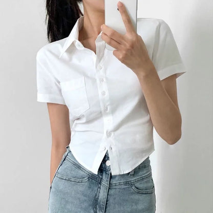 lovwvol Women Blouses Basic White Shirts Preppy Style Cropped Short Sleeve Tops Female Slim Office Wear Korean Fashion Casual