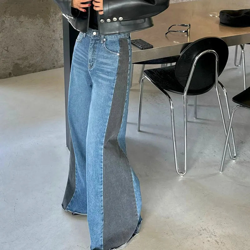 lovwvol  -  Y2K Fashion Patchwork Vintage Blue Baggy Flare Jeans Pants For Women Clothes Loose Wide Leg Denim Trousers Pantalon Femme