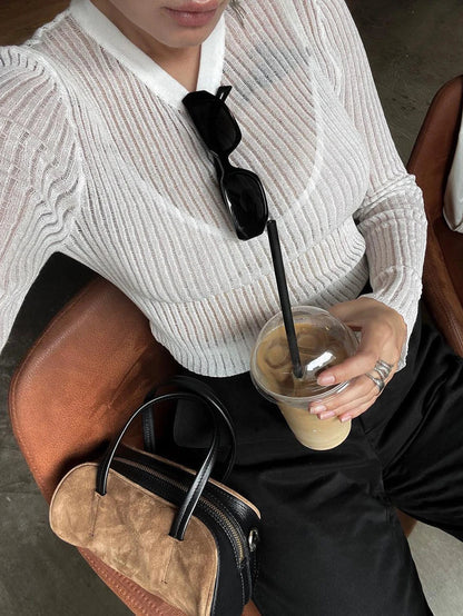 White Ribbed Knit T-Shirts Ladies See-Through Rib Sweater Tops Spring New Outfits Pullover Long Sleeve Casual Top Tees