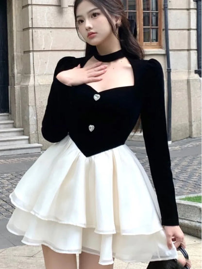 lovwvol Y2K Mini Princess Dress Women Velvet Patchwork Layered Ruffles A-Line Autumn Spring Elegant Vintage Evening Party Vestidos Mujer