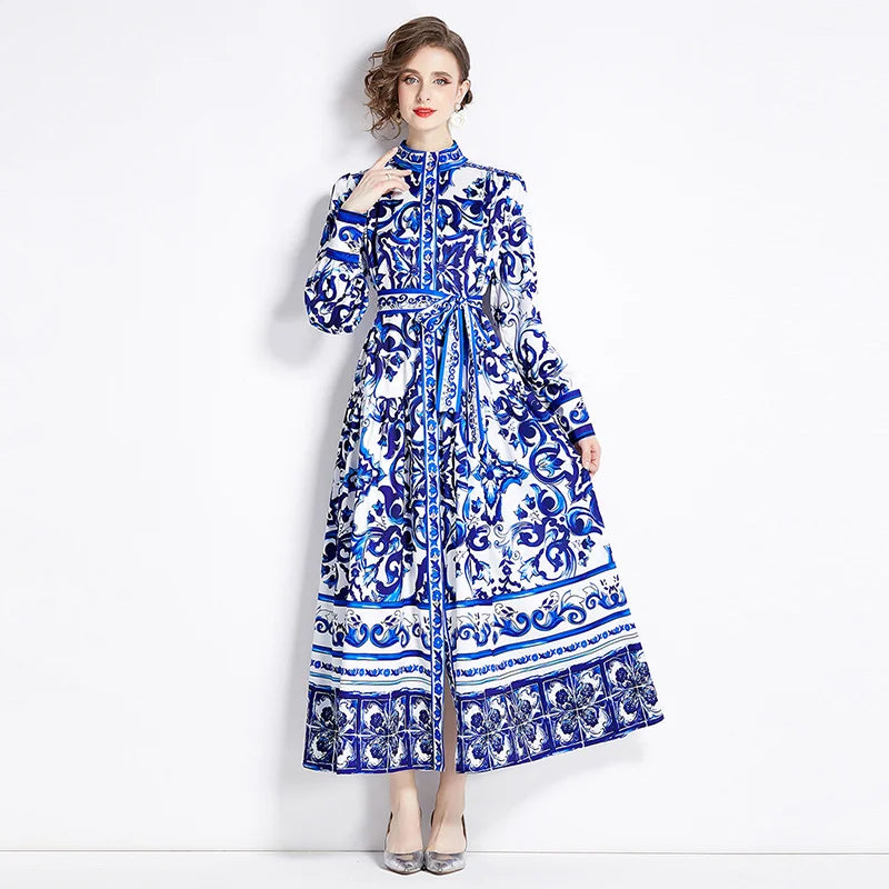 lovwvol Spring Runway Blue And White Porcelain Dress Women's Stand Long Lantern Sleeve Flower Print Lace Up Beach Robe