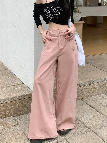 lovwvol   Women's Pink Wide Leg Jeans American Fashion Vintage High-waisted Loose Straight-leg Trousers Streetwear Y2k clothes