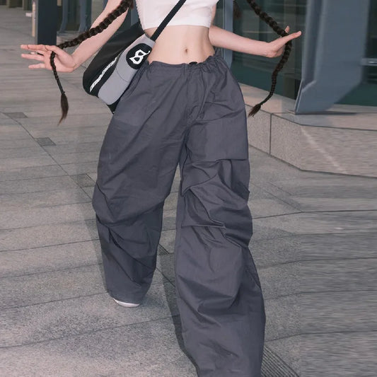 lovwvol Y2K Gray Baggy Cargo Pants Women High Waist Vintage Hip Hop Parachute Pants Harajuku Streetwear Oversized Wide Sweatpants