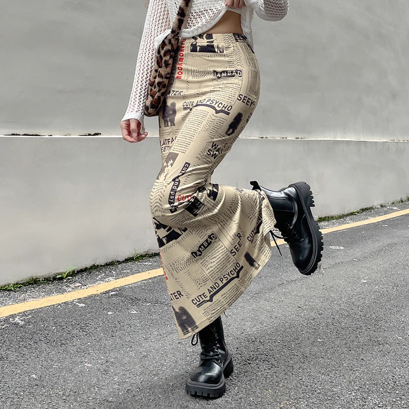 Vintage Newspaper Letter Print High Waist Long Skirt Women Distressed Harajuku Slim Pencil Skirts Aesthetic Y2K Chic