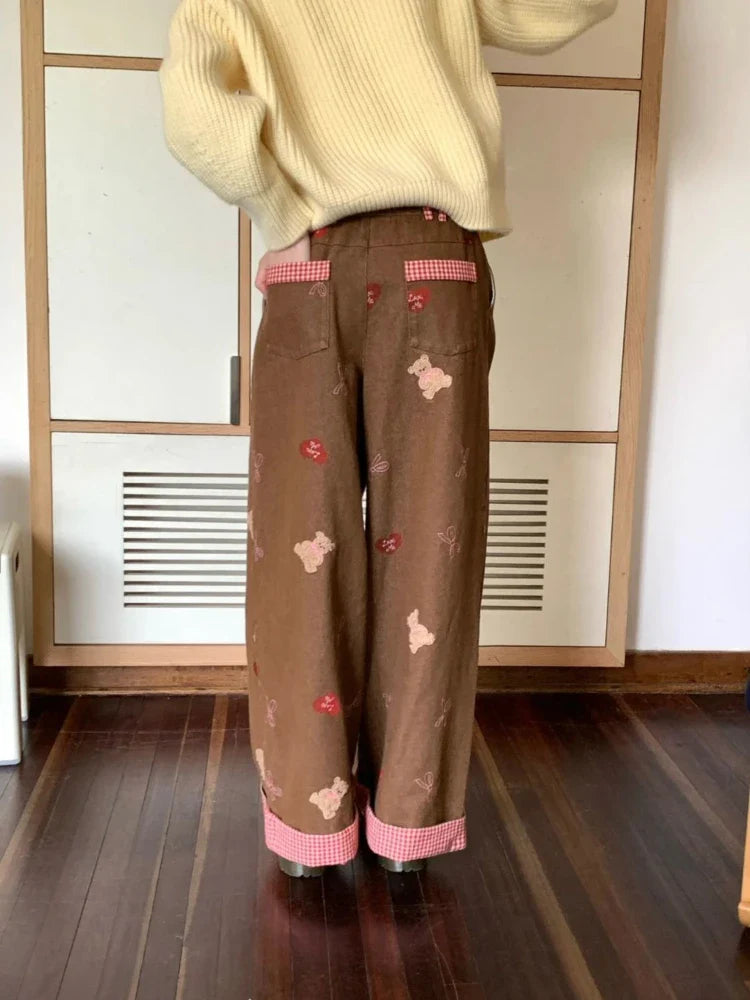 lovwvol  -  Korean Cartoon Bear Bow Embroidery Pantalones Contrast Color Patchwork Plaid Casual Trousers Women New Y2k Kawaii Wide Leg Pants