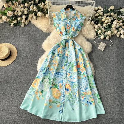 lovwvol New Fashion 2024 Summer Holiday Long Dress Women's Gorgeous Sleeveless Turn Down Neck Floral Print Belt Robe Beach Vestidos