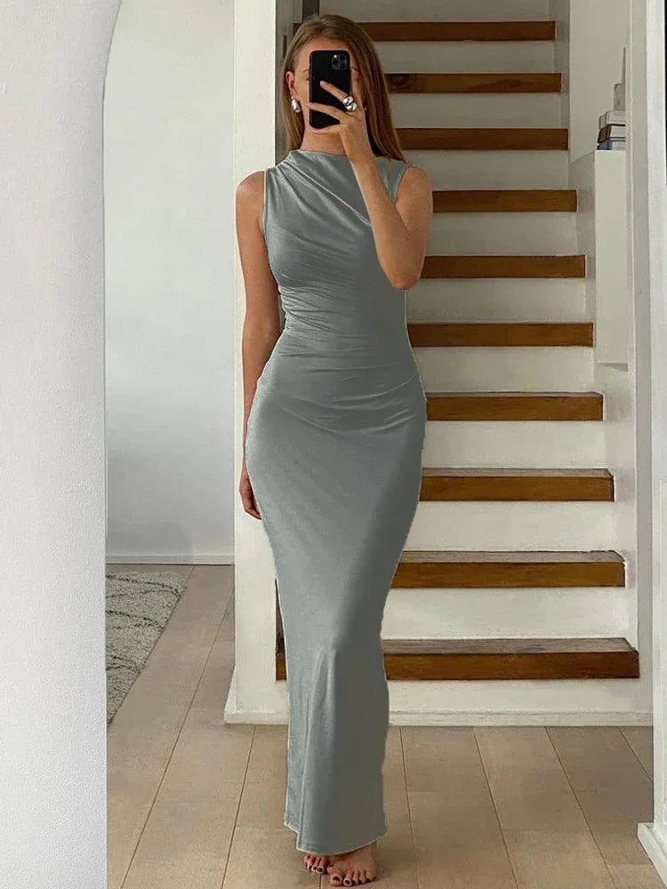 lovwvol Pleated Long sleeved Slim Maxi Dress Women Solid Fashion Elegant Party Dress Gown Off-Shoulder High Waist Bodycon Dress