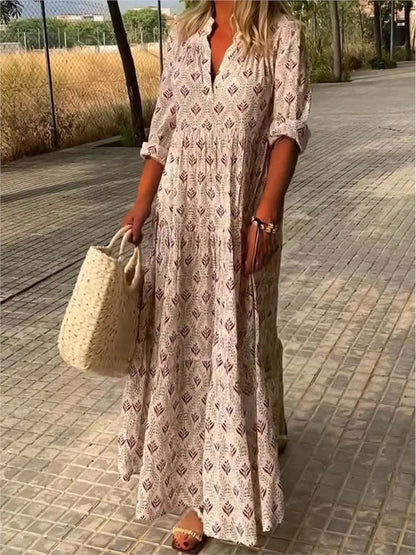 lovwvol Vintage Flower Printed Dresses For Women V-neck Loose Maxi Bohemian Style Beach Dress Casual Vacation Ladies Robe Vestidos