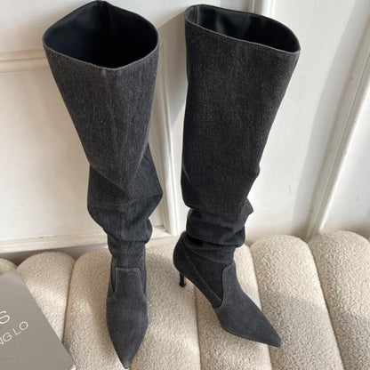 Pleated High Heels Denim Boots for Women  Autumn Jeans Knee High Cowboy Boots Woman Blue Thin Heeled Long Botas Feminina