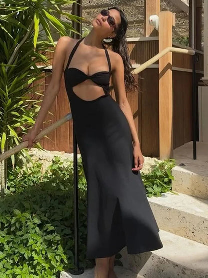 Elegant Hollow Out Halter Off Shoulder Evening Long Dress Spring Women Sexy Backless Bandage Slim Maxi Dress