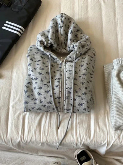 lovwvol Floral Zipper Hoodies Women Autumn Winter Sweatshirts New Thicken Cardigan Coat Korean Fashion Sudaderas