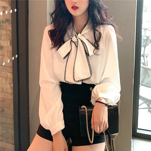 Sweet Ladies White Ribbon Bowknot Shirt 2023 Spring New Elegant Women's Solid Color Bow Long Sleeve Tops Female Fashion Bllouse