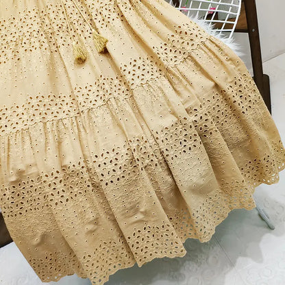 lovwvol Hollow Out Embroidery Cotton Lace Skirts for Women Vintage High Waist Ruffles Long Skirt Casual A-line Boho Falda Summer