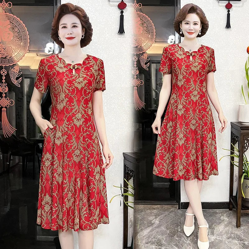 lovwvol Summer Dress Women Vintage Clothes New Print Slim Short Sleeve Elegant Middle Age Women's Dresses Casual Summer Sundress