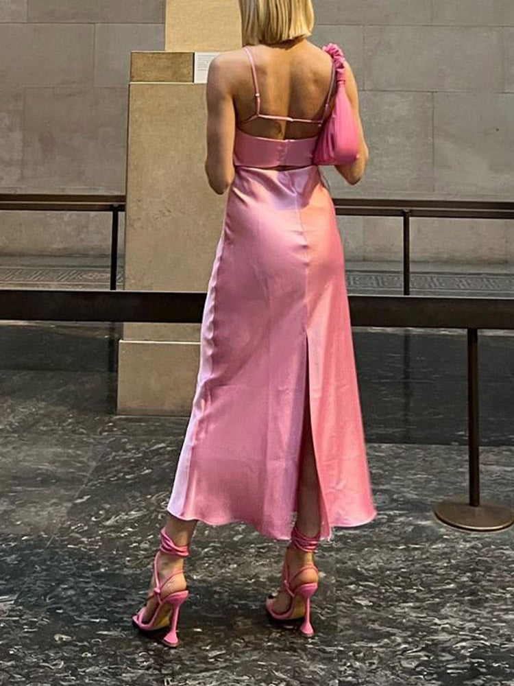 lovwvol Pink Camis Long Dresses Women Satin Cut Out Sleeveless Slip Dress Female Backless Sexy Party Dresses Summer Slit Midi Dress