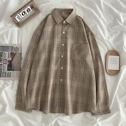 Women Shirt Plaid Oversize Turn-down Collar Leisure Fashion Loose All-match Womens Long Sleeves Soft Chic Korean Style Tops polo