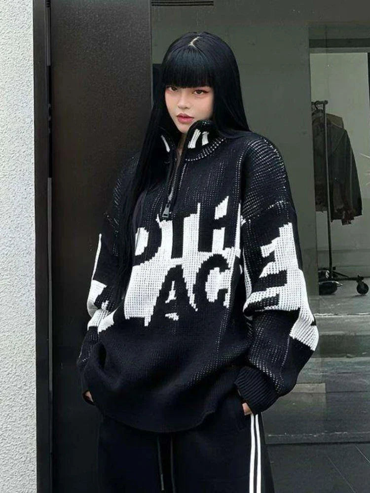 lovwvol  -  Men and Women Letter Jacquard Grunge Sweaters Y2k Aesthetic Half High Collar Zipper Jumpers Knitted Harajuku Oversized Pullovers