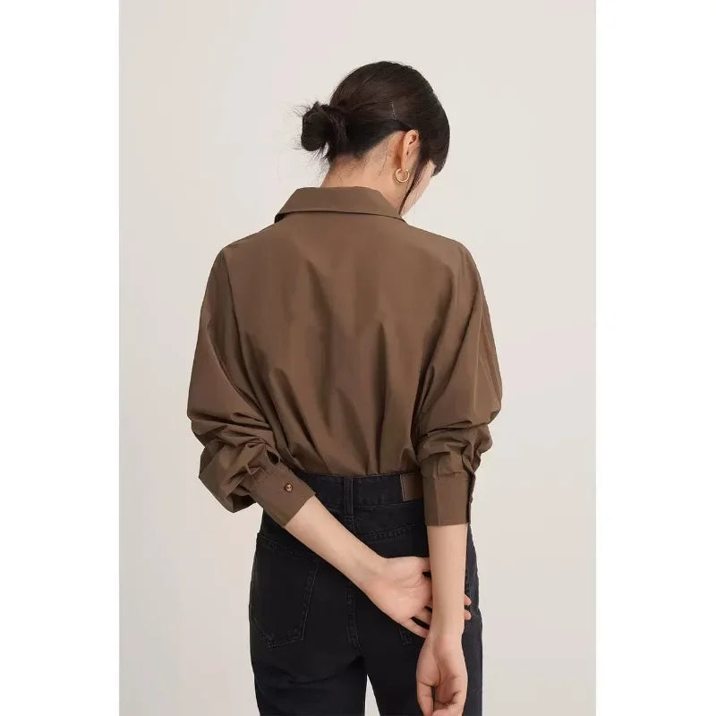 lovwvol Vintage Brown Shirts Women Blouses Office Wear Long Sleeve Elegant Ladies Casual Korean Fashion Loose Autumn Shirts