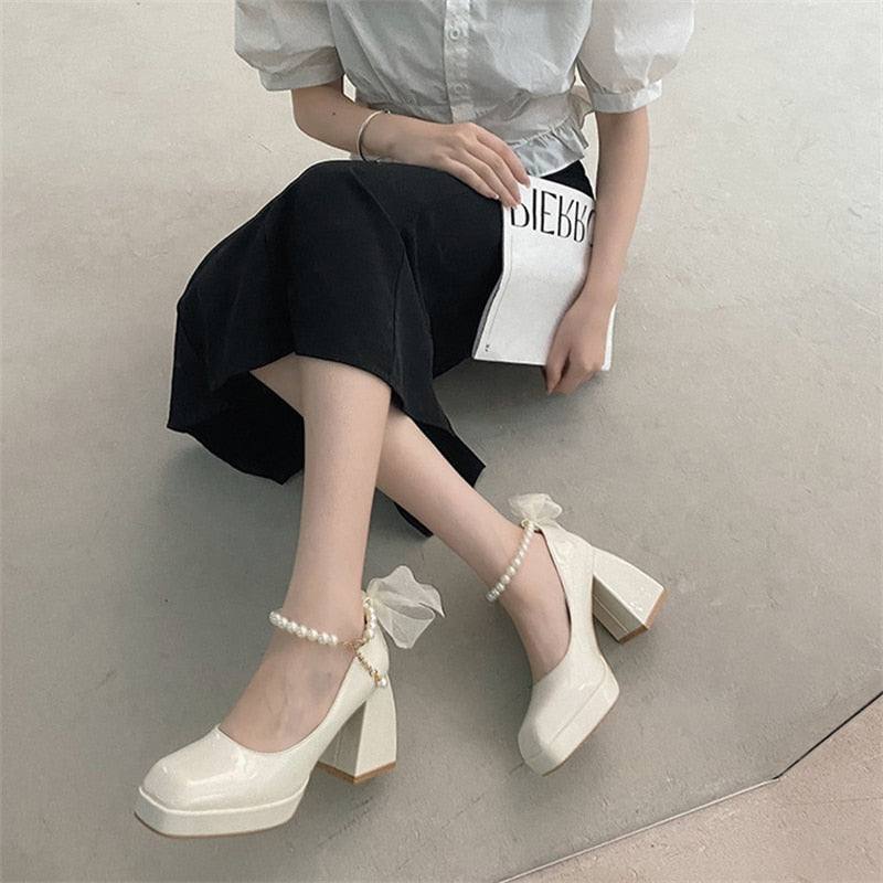 Elegant Pumps Women Heels Shoes Leather Mary Janes Square Toe String Bead Decorate Ladies Shoes Office Black White Retro