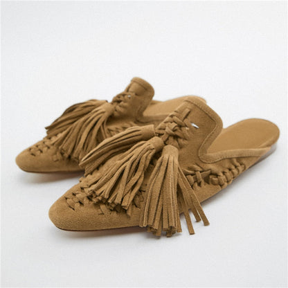 New Genuine Suede leather Oxfords Women Fringe Tassel Slides Mules Streetwear Flat Heel Cut Out Shoes Slippers Plus Size