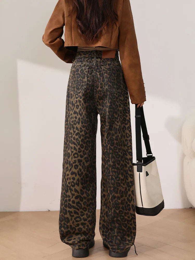 lovwvol Leopard Print Jeans Women High Waisted Vintage Wide Leg Denim Trousers Streetwear Fashion Loose Casual Y2k Baggy Jeans