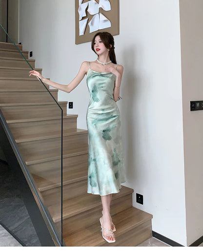 lovwvol Vintage Print Satin Midi Dresses Female  Summer French Elegant Chic Swinging Collar Slim Camisole Green Clothes for Women