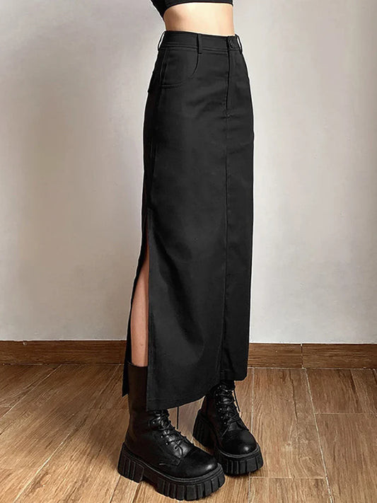 Grunge Casual Tag Split Women Midi Skirts Mall Gothic Punk High Raise Slim Long Skirt Y2k Sexy Fashion Streetwear