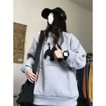 Autumn Y2k Aesthetic Preppy Cat Print O Neck Hoodies Women Loose Trendy All Match Casual Pullovers  Korean Grunge Sweatshirts