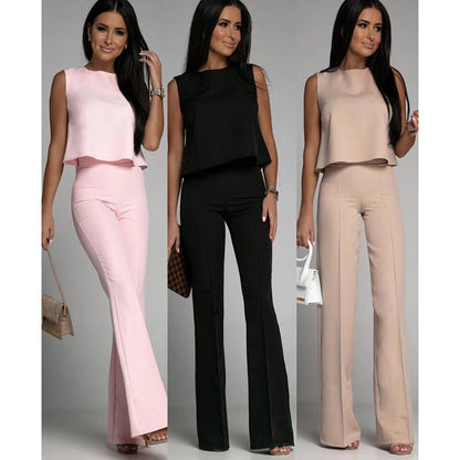 lovwvol Summer Women Fashion O Neck Ruffled Top Trousers Suit Elegant Solid Color Suit Sleeveless Top High Waist Trousers Two Piece Set