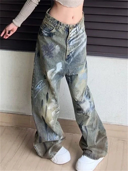 lovwvol Women's Graffiti Pattern Design Unisex Jeans Street Denim Trousers Young Girl Bottoms Female Loose Straight Wide Leg Pants