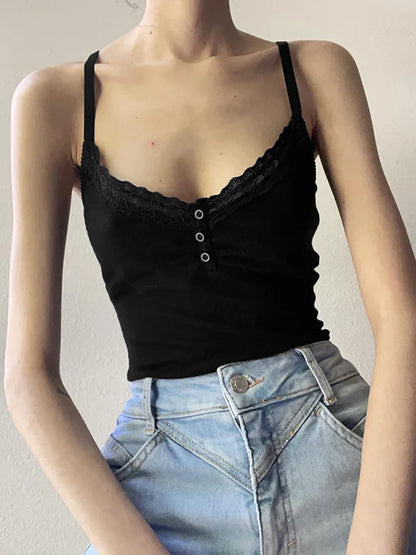 V-neck Sexy Basic Black Women Camis Grunge Style Emo Button Up Casual Crop Tops Y2k Lace Trim Ruched Alt Clothes