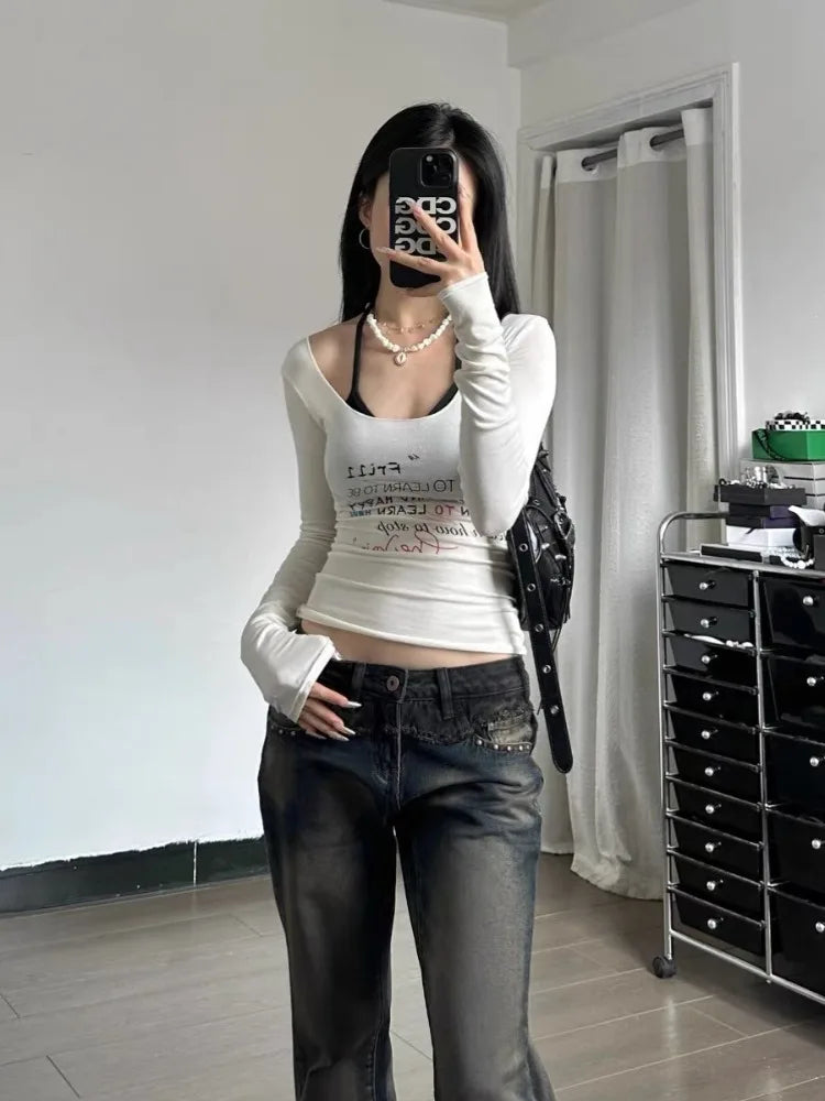 lovwvol Y2k Aesthetic Crop T-shirts Women Vintage Letter Print Korean Streetwear Harajuku Grunge T-shirts Sexy See Through Tops