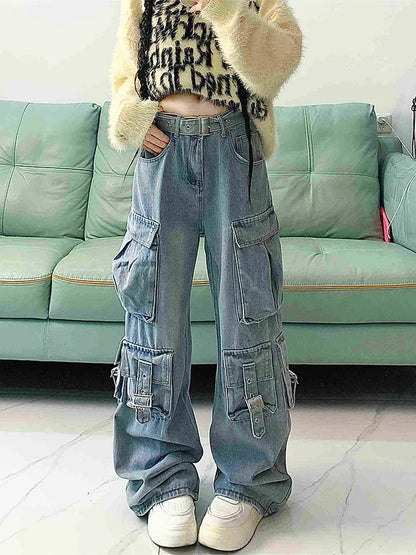 lovwvol Cyber Y2K Streetwear Washed Blue Baggy Cargo Jeans Pants For Women Clothing Multi Pockets Old Wide Leg Dress Lady Trousers