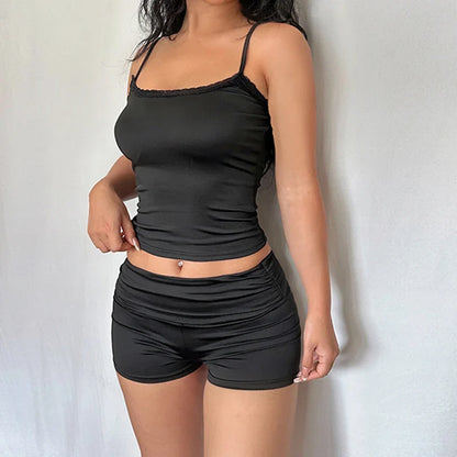 lovwvol  -  Lace Trim Square Collar Tank Top and Fold Mini Shorts Casual Women Basic Two Piece Set Y2K Summer pant Suits Homewear