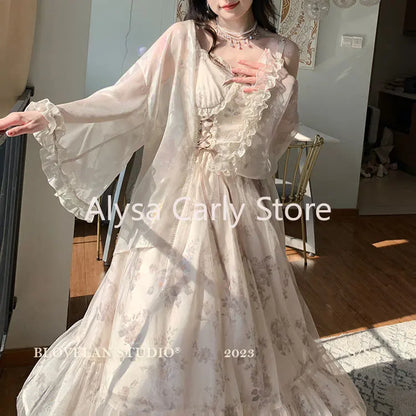 lovwvol Vintage Elegant Floral Dress Women Sweet Ruffles Mesh Fairy Strap Dress Female 2023 Summer Court Retro Evening Party Dress Sexy