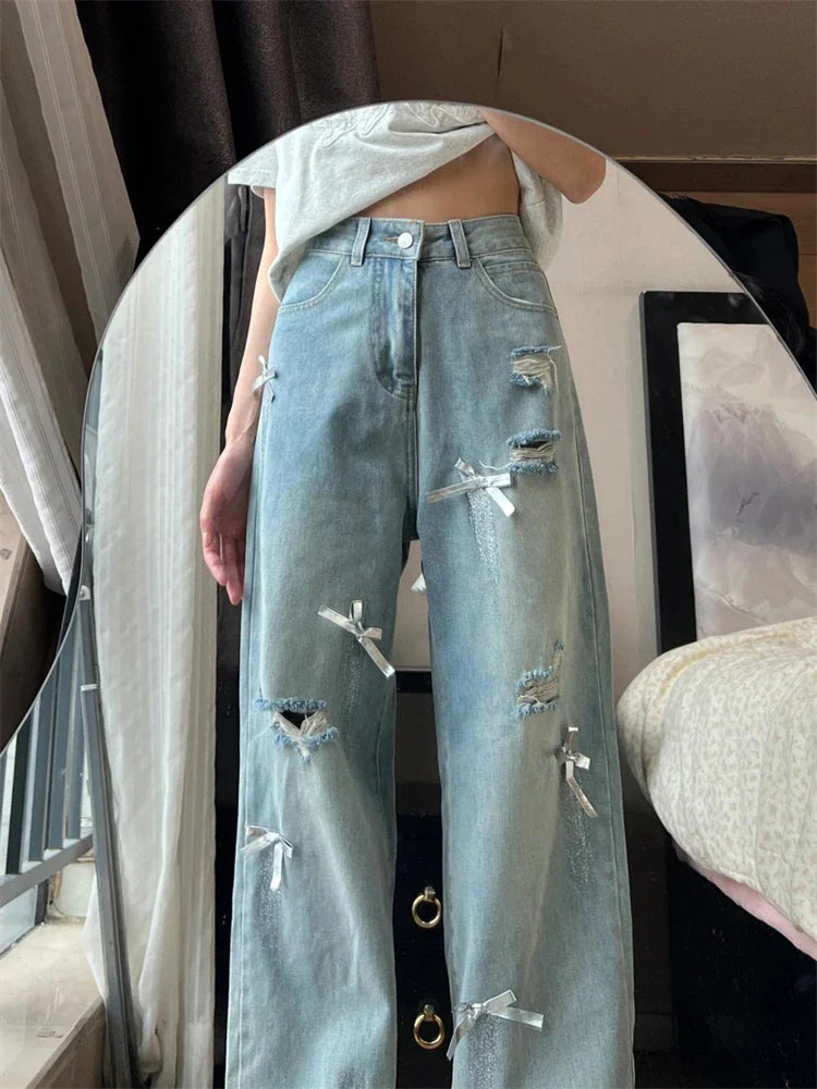 lovwvol Women's Bowtie Distressed Light Colored Thin Jeans Summer Cool Girl Pant Street Bottoms Female High Waisted Baggy Denim Trousers