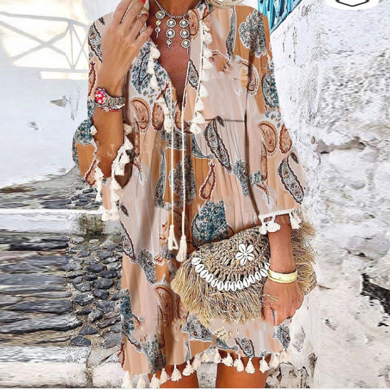 Women Vintage Print V Neck Tassel Mini Dress Casual Loose Three Quarter Sleeve Beach Dress  Spring Summer Party Dress Femme