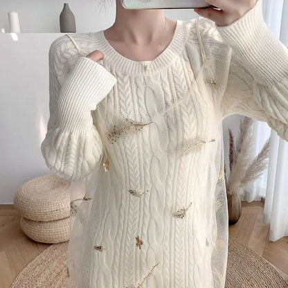 lovwvol  -  Korean Slim Knit Sweater Dress Women Knitted Mesh Spaghetti Strap Dress Female Long Sleeve Winter Autumn Dress