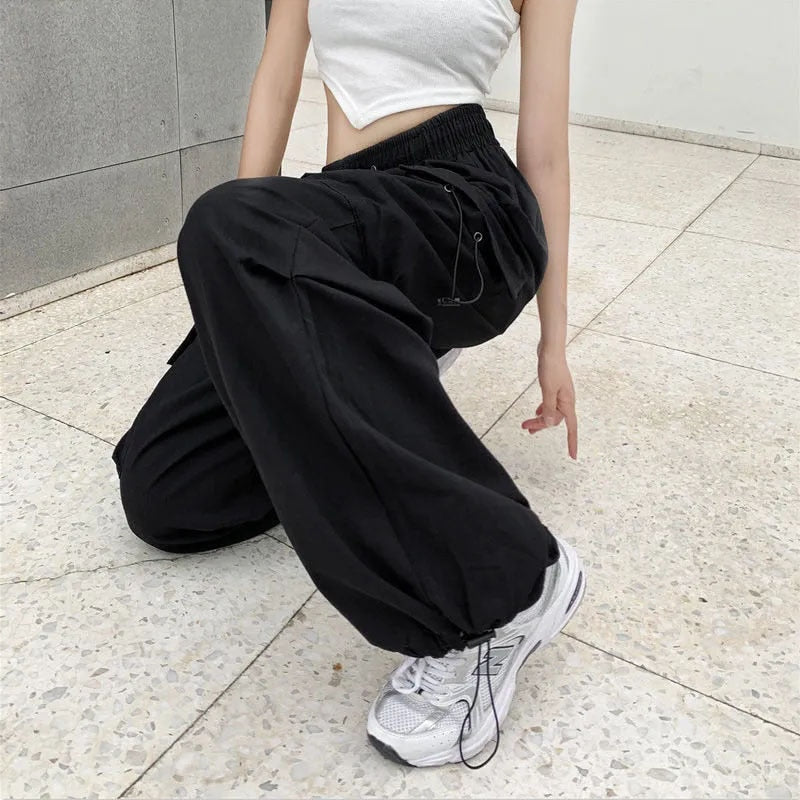 Hip Hop Women Cargo Pants Streetwear All Match Y2K Wide Leg Pants Korean Elastic Waist Sweatpants Female Chic Trousers