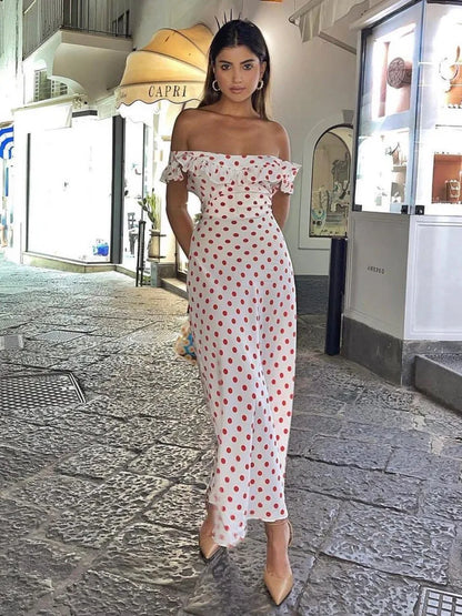 Polka Dot Ruffles Bandage Maxi Dress Women Off Shoulder Slim Elegant Party Dress Summer Beach Holiday Sundresses