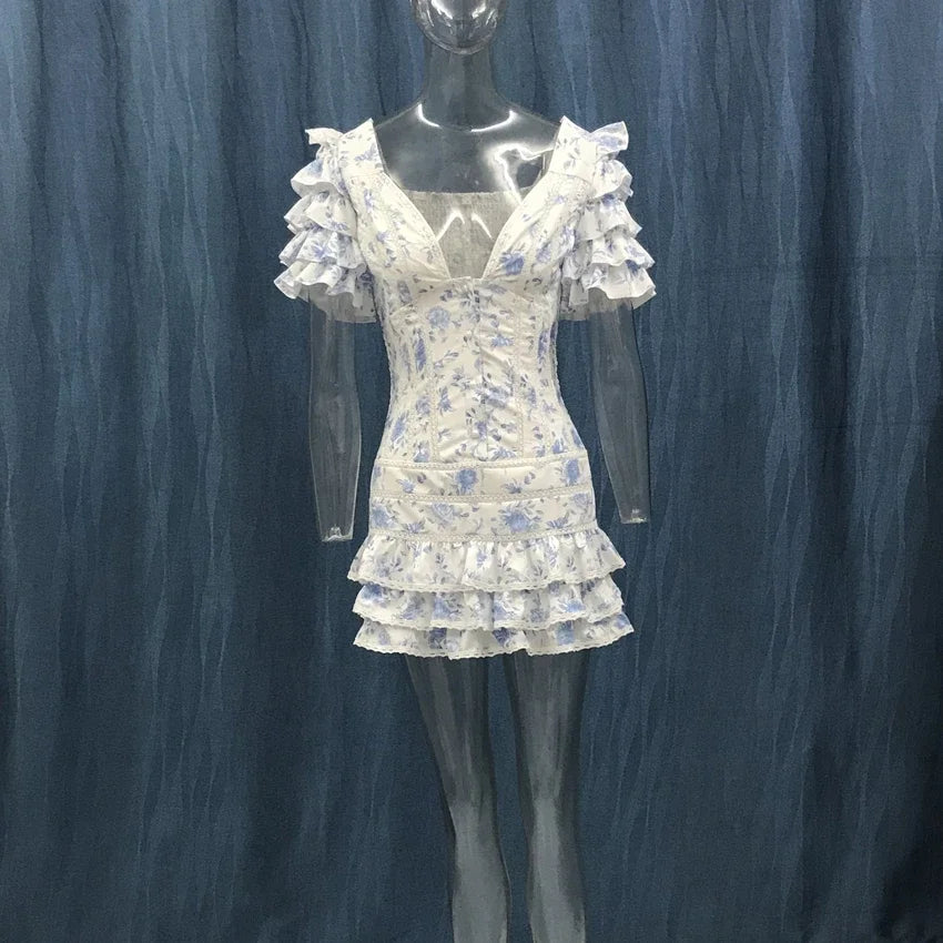 High Quality 2023 Ruffle Light Blue Women Mini Dress