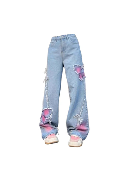 lovwvol Women's Blue Butterfly Jeans Baggy Vintage Y2k Denim Trousers 2000s Harajuku Wide Leg Cowboy Pants Trashy 90s Aesthetic Clothes