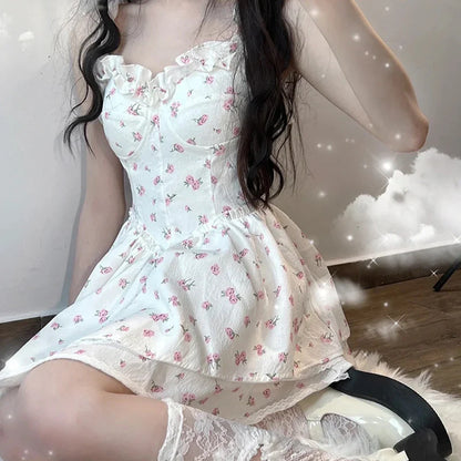 lovwvol Floral Dress for Women Sleeveless Korean Fashion Party Dresses Slim Print Sling Fluffy Skirt 2024 New Spring Summer Dress