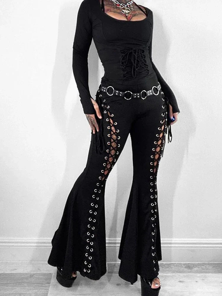 lovwvol Women's gothic pants Spring 2024 new dark wind Street fashion trend cock-eye tie design flared pants women