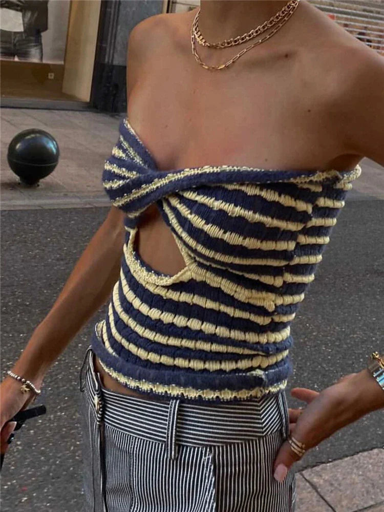 lovwvol Off Shoulder Knit Tube Top Sexy Strapless Backless Bustier Tops For Women Stripe Cropped Top Hot Summer Streetwear