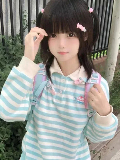 lovwvol   Y2k Harajuku Kawai Hoodie Women Japanese Fashion Cute Striped Cake Embroidery Loose Sweatshirt Soft Girl Pullovers