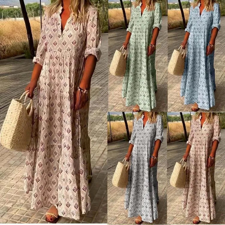 lovwvol Vintage Flower Printed Dresses For Women V-neck Loose Maxi Bohemian Style Beach Dress Casual Vacation Ladies Robe Vestidos