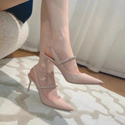 New Crystal Sandals Women's Summer Temperament Nude Shoes Sexy Slingback Pointed Thin Heels Rhinestone High Heels White