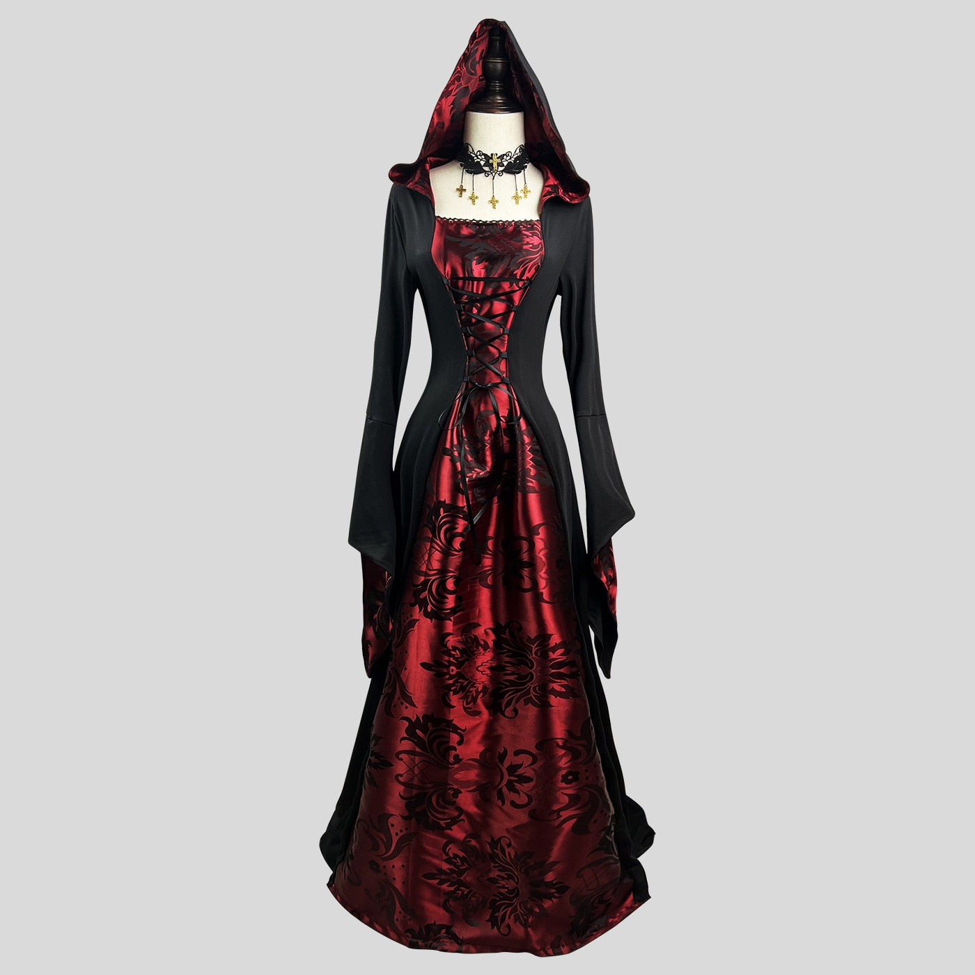 Black Red Long Robe Halloween Carnival Party Cosplay Cloak Vampire Role-playing Costume Ball Wizards Women Hooded Square Collar